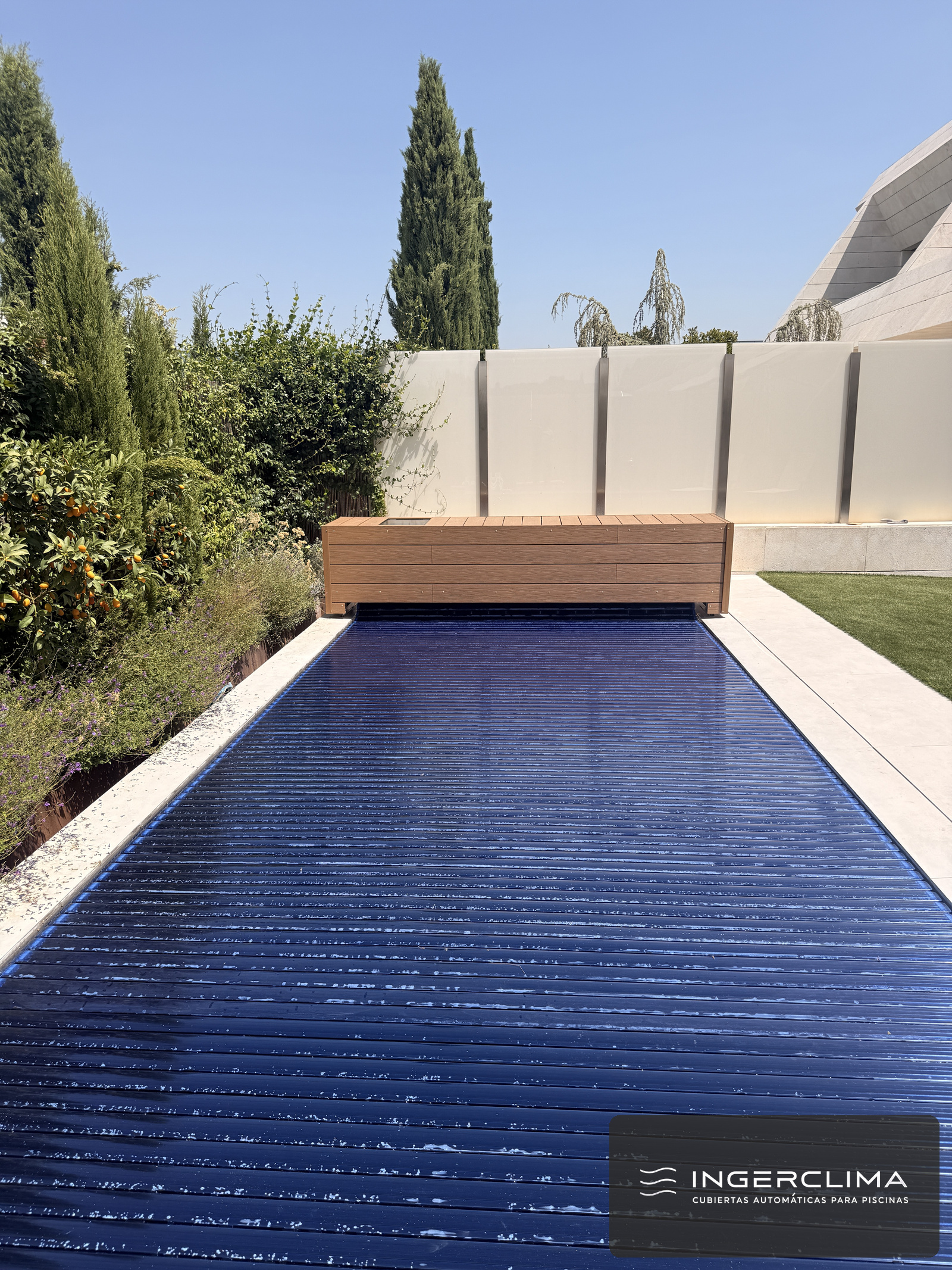 Close-up of the blue slats of a closed automatic cover