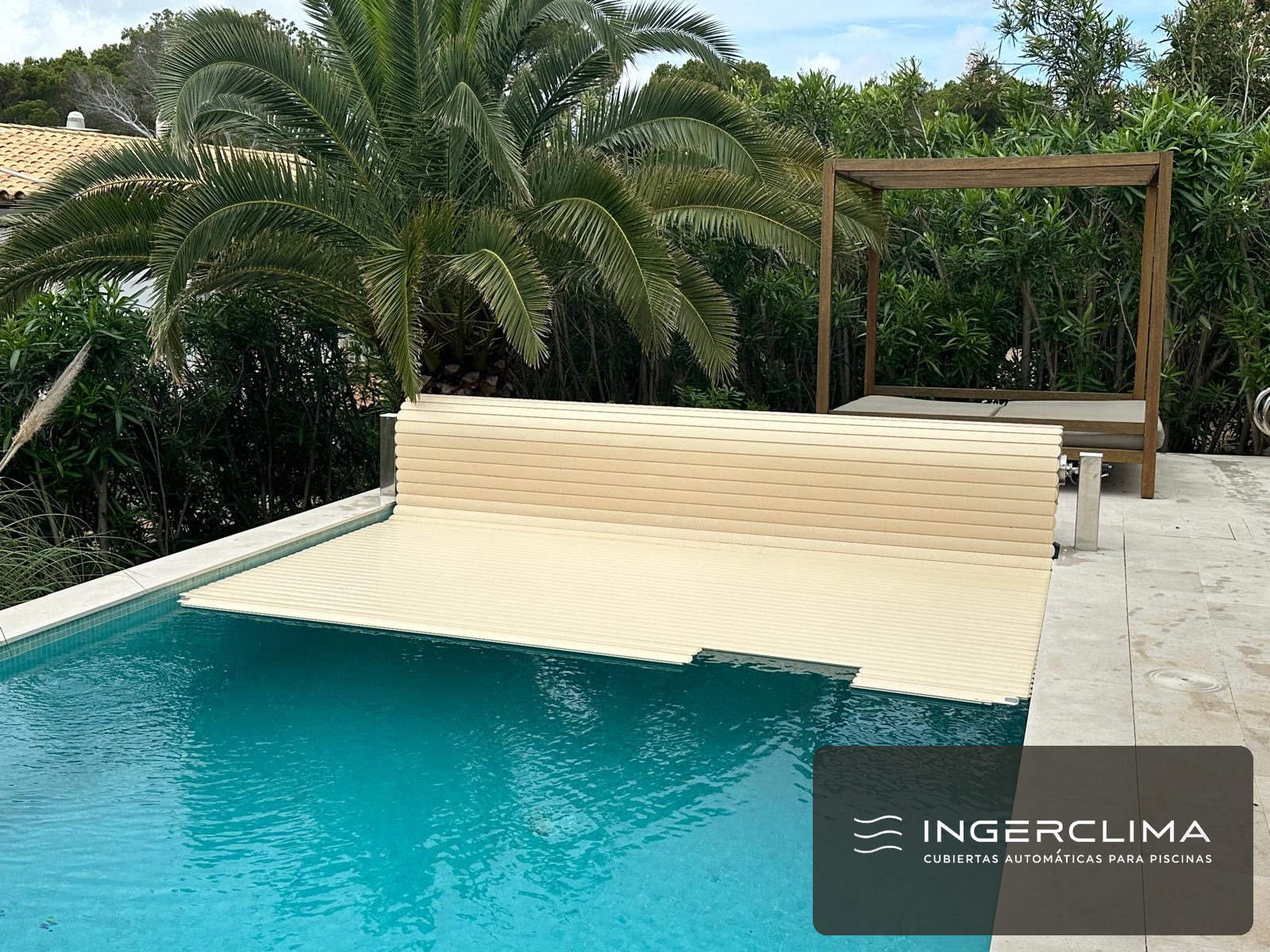 Cream slatted cover half closed, with a wooden pergola